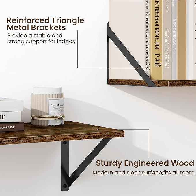 Fun Memories Deep Floating Shelves for Wall, 36W x 8D Wall Mounted Shelves Set of 2, Wide Display Ledge Shelf with Sturdy Metal Brackets for Living Room, Bathroom, Bedroom and Kitchen, Rustic Brown