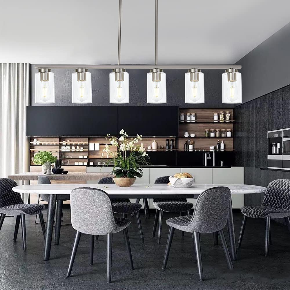 Todoluz 6-Light Kitchen Island Lighting With Clear Glass Shades  Modern Linear Pendant Light Fixture For Dining Room Pool Table  Brushed Nickel Finish