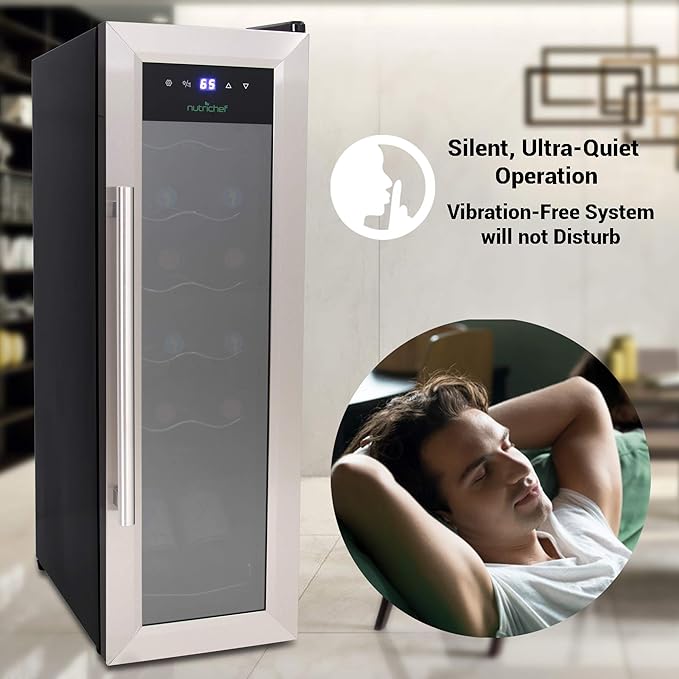 Nutrichef 12 Bottle Stainless Steel Slim Wine Fridge | Red & White Wine Chiller | Adjustable Temperature Control, Ultra Quiet Operation & Energy Efficient | Mini Wine Cooler Refrigerator | 31x10x17 IN