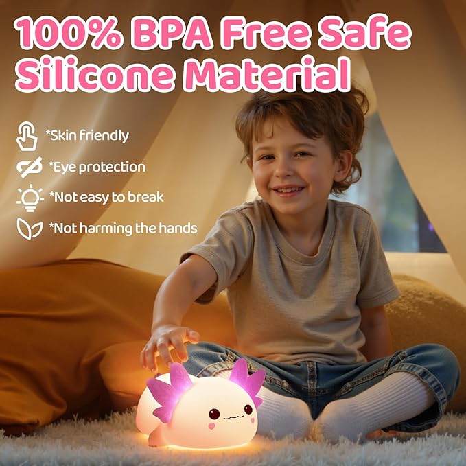 Huggwaii Squishy Axolotl Night Light for Kids, 4 Soothing White Noise Sounds, Dimmable Silicone Axolotl Lamp Toddler Light, Upgraded Rechargeable Animal Nightlight ,Baby Gifts & Girls Room Decor