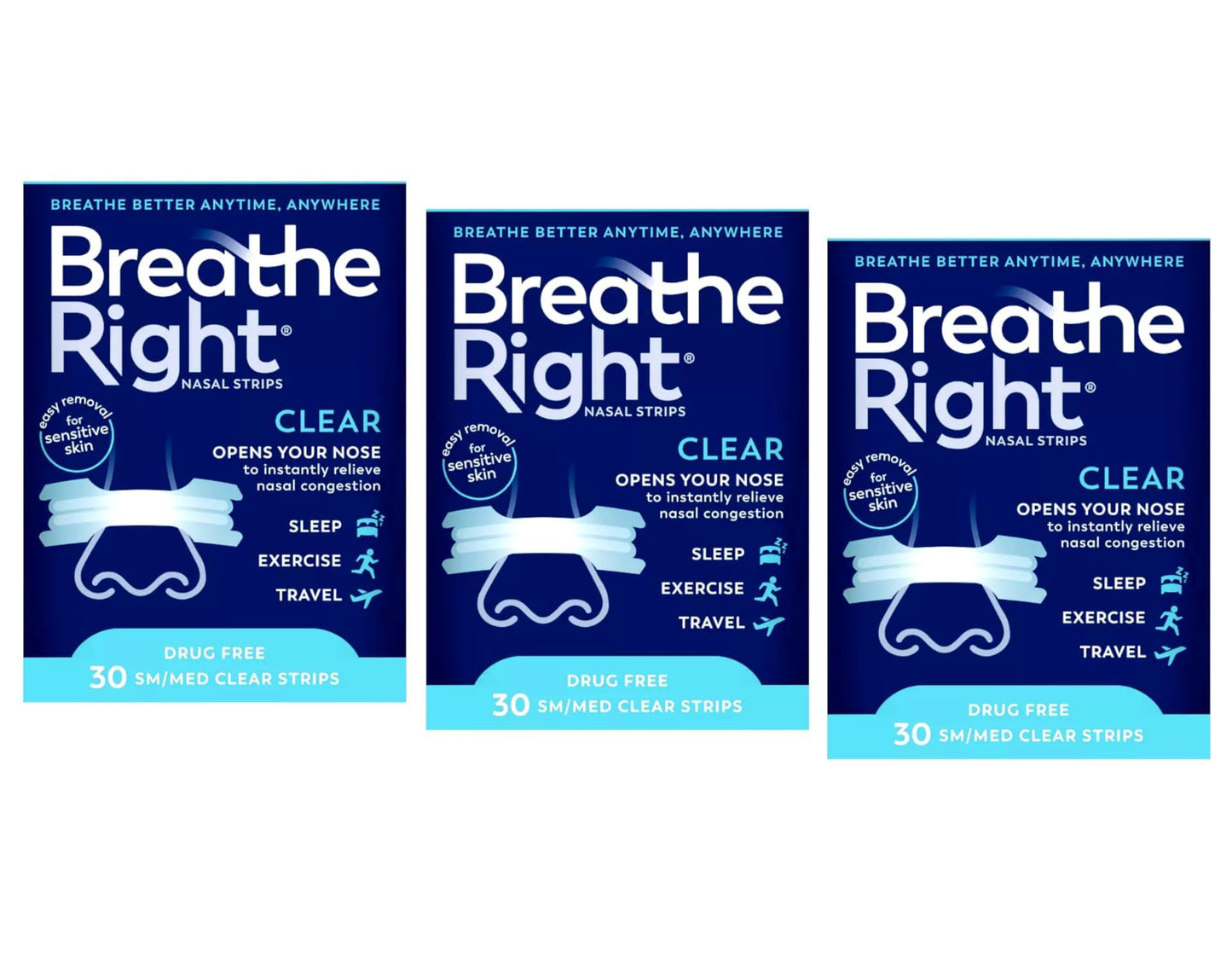 Breathe Right Nasal Strips - Clear - for Sensitive Skin - Sm/Med Clear Strips - 30 Count Strips Per Box - Pack of 3