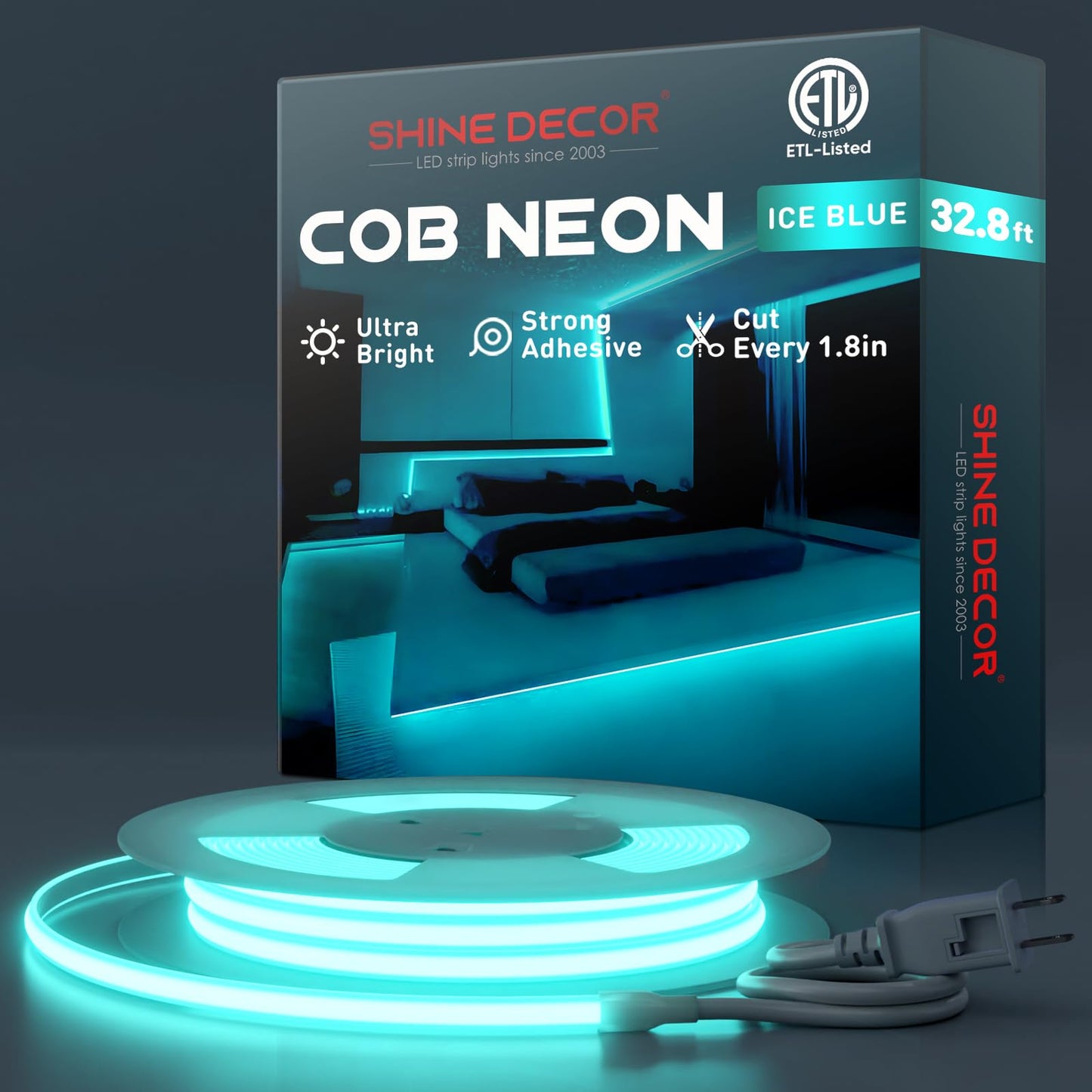 Shine Decor Cob Led Rope Light Ac 120V  800Lm Ultra Bright  Ip65 Waterproof Cold-Resistant Etl Neon Strip  No Driver Tape Lighting For Home Commercial 10X4.5Mm  Ice Blue  32.8Ft