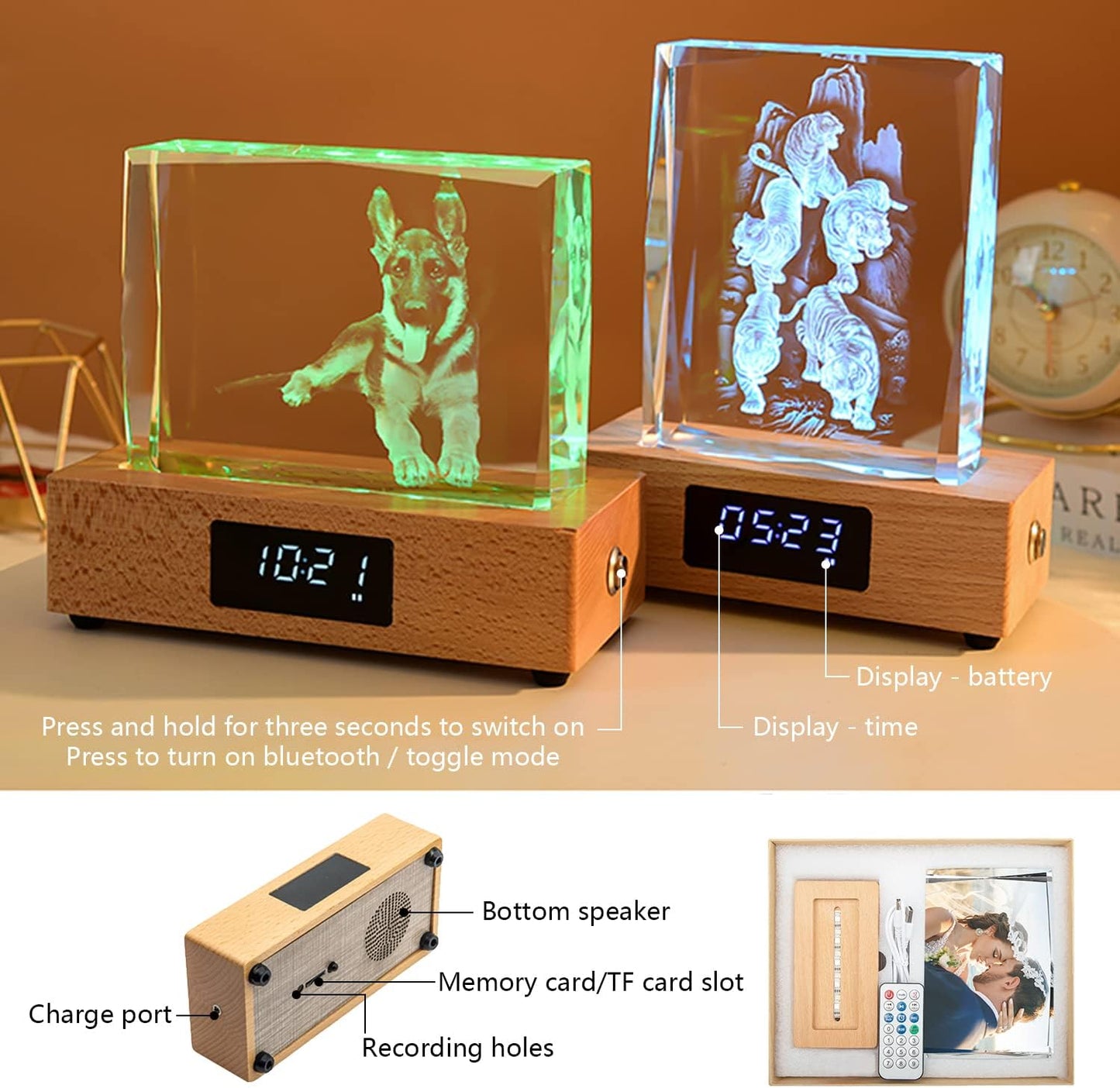 Personalized Custom Photo Creative Gift Decoration Luminous Crystal Bluetooth Music Box with Clock Display to Send Girlfriends and Friends Anniversary Wedding Gifts