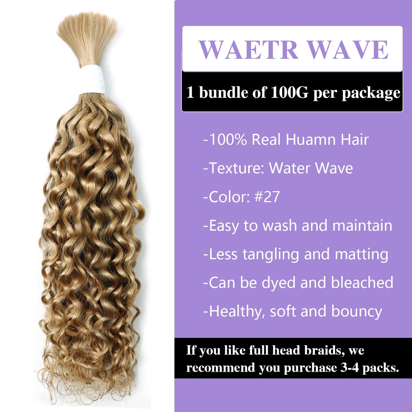 Liqusee Water Wave Curly #27 Human Braiding Hair 100g One Bundle/Pack Bulk Human Hair for Braiding No Weft Human Hair Braiding H