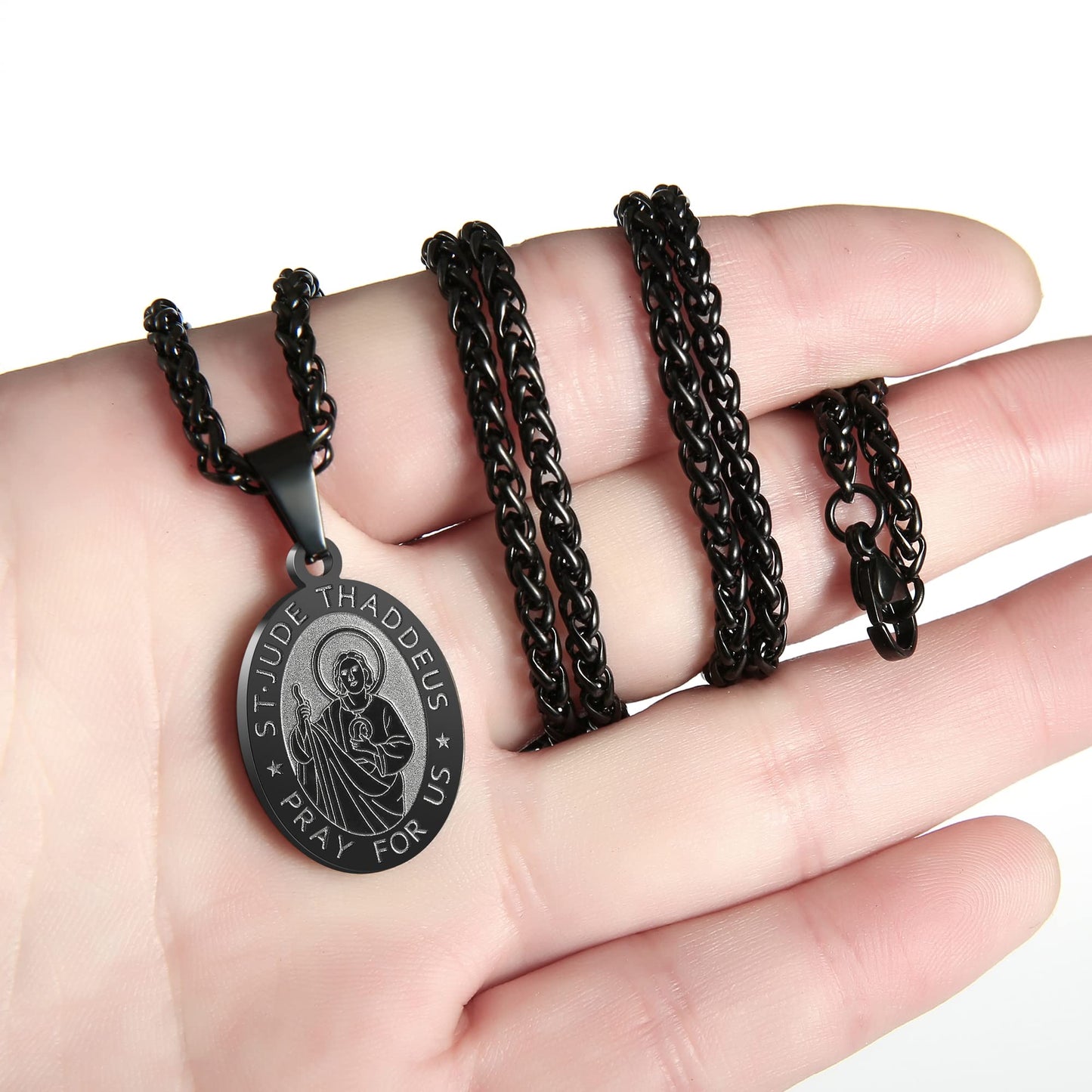 Zocomi Black Saint St Jude Thaddeus Medal Necklace for Men Boys, St. Jude Pendant Chain Jewelry Catholic Christian Religious Bap
