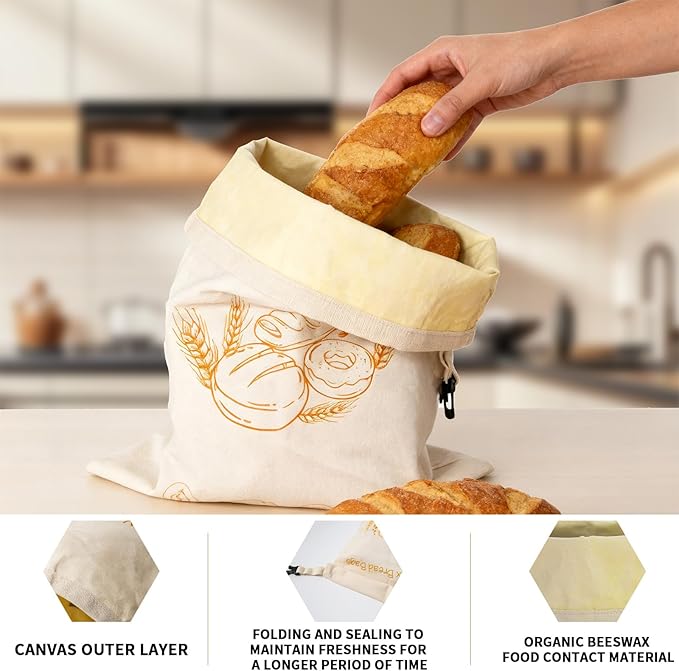 Reusable Beeswax Bread Bags with Bread Knife, 13x17'' Beeswax Bread Bags for Sourdough, Fruits, Vegetables (Natural)