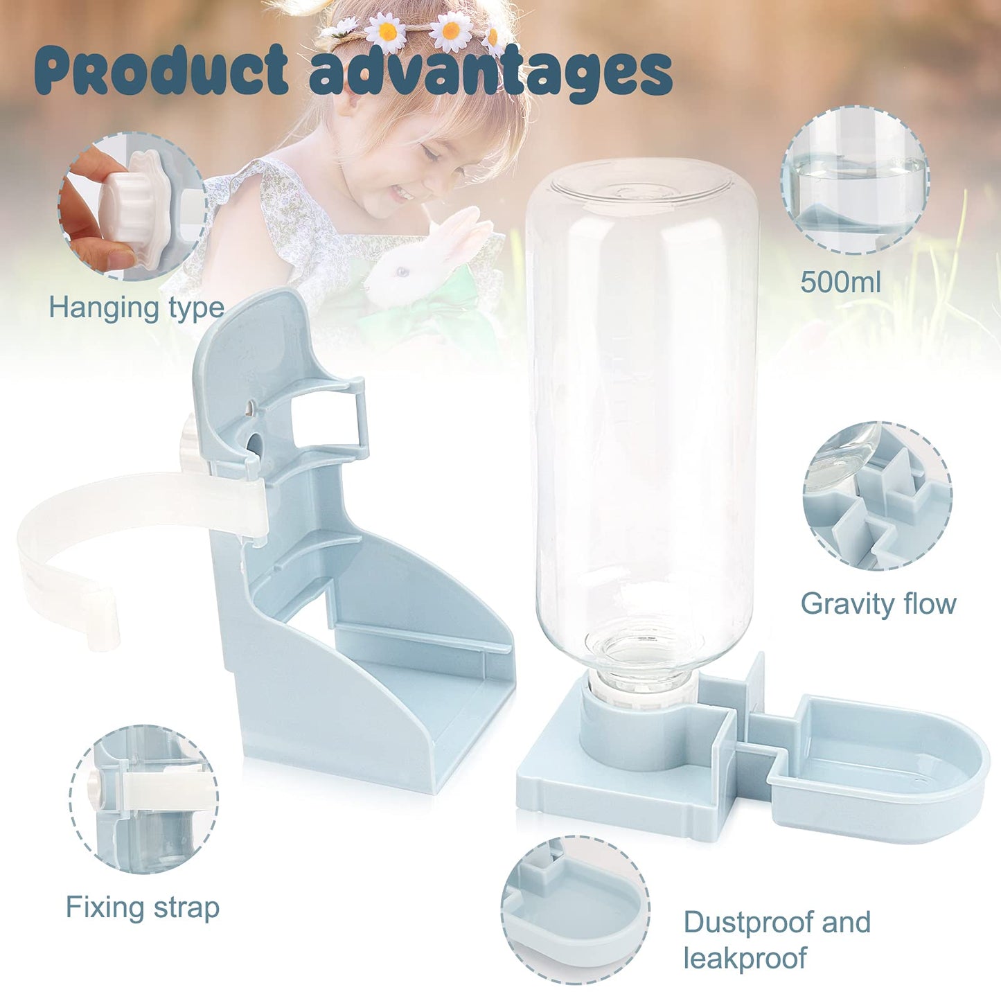 Rypet Rabbit Water Bottle No Drip - 17oz Hanging Water Fountain Automatic Dispenser Pet Cage Water Feeder for Bunny Chinchilla Guinea Pig Hedgehog Ferret Blue