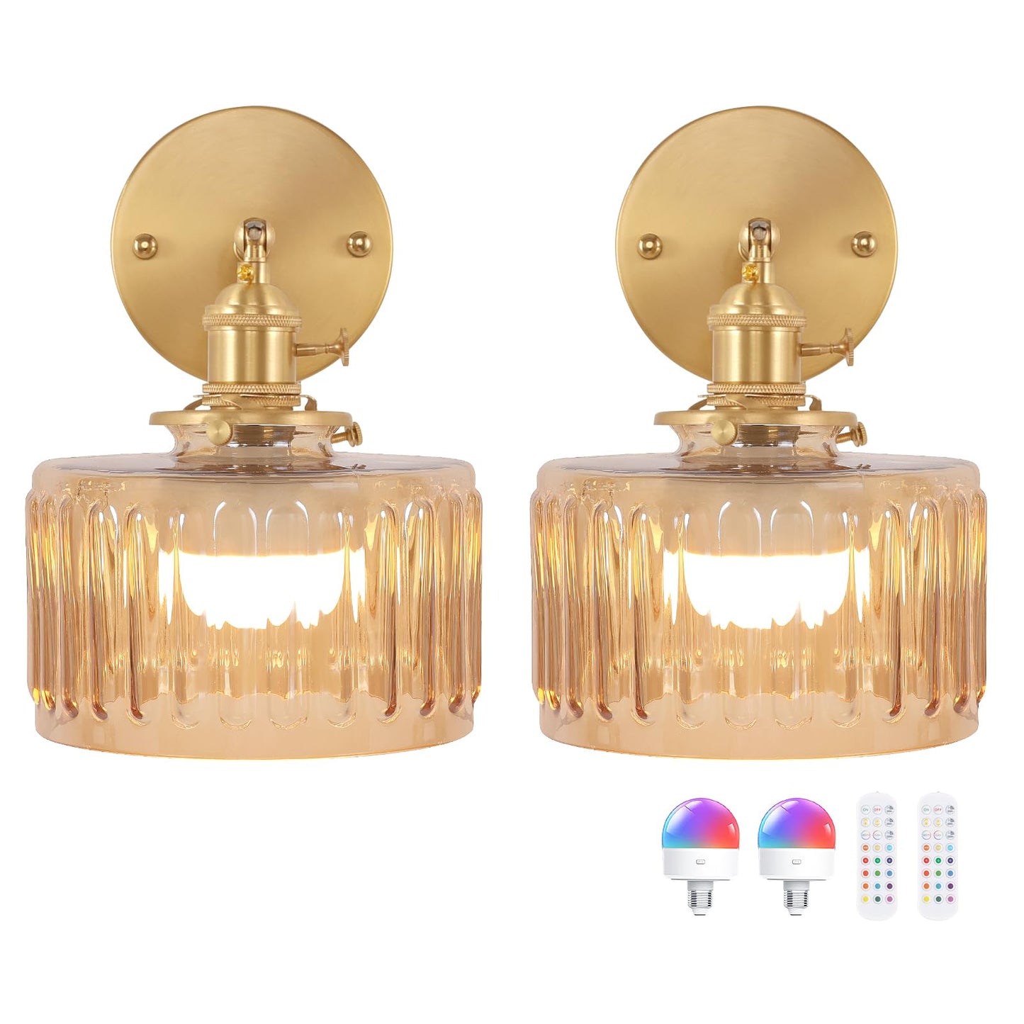 Shenmoyl Vintage Wall Sconce - Battery Operated, Amber Striped Glass, Remote Control, Set of 2, Model 8e1b47ba-12ec, Brass