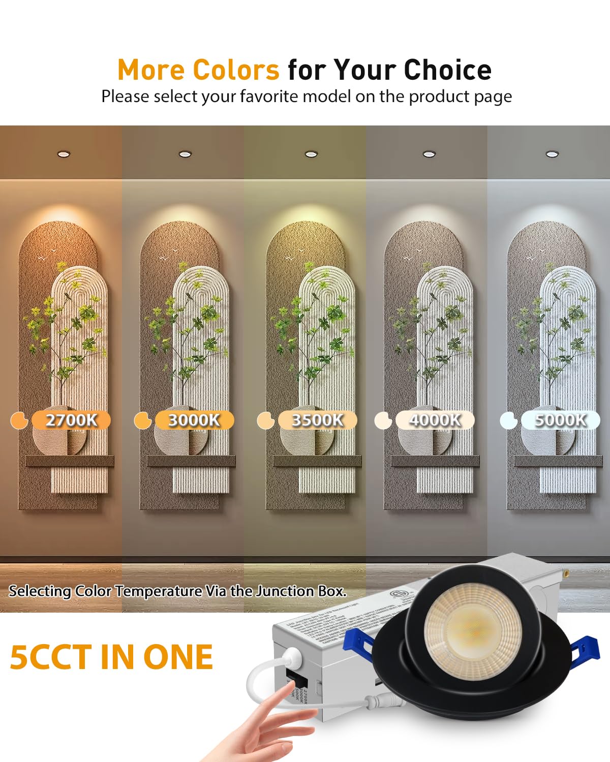 Adetu 2 Inch 5Cct Gimbal Black Led Recessed Lighting With Junction Box  360?90?Adjustable Led Recessed Lights  2700K/3000K/3500K/4000K/5000K  5W Eqv 50W  550Lm Brightness - Etl (Black  6 Pack)