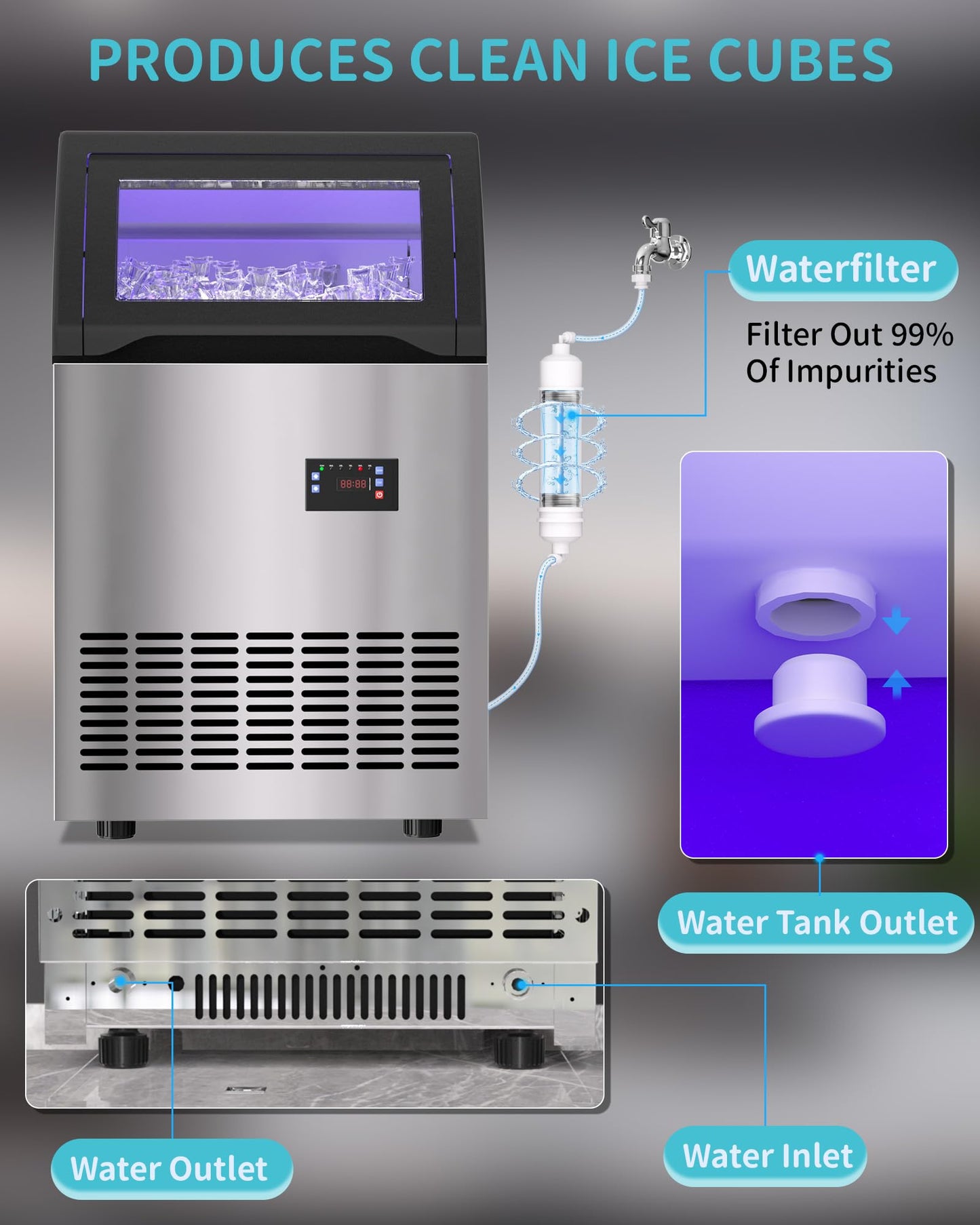 Quyndor Commercial Spray Drench Ice Maker Machine 130 Lbs/Day, Undercounter Ice Makers 100Lbs Storage Bin and 45 Ice Trays, Under Counter ice Maker for Home, Bar, Party