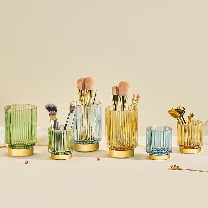 Makeup Brush Holder Organizer,Toothbrush Holders,Desk Pen Pencil Holder,Multifunctional Vintage Glass Brush Cup（L/Green/A3-6-US）