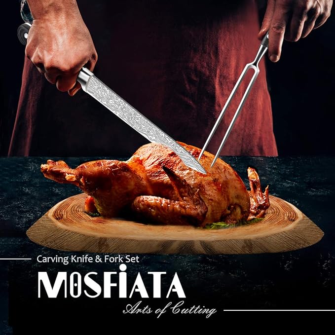 MOSFiATA 8" Carving Knife & 7" Fork Set - Premium Meat Cutting Knife, German High Carbon Stainless Steel EN.4116 BBQ Knives for Slicing Meats, Fruits & Vegetables