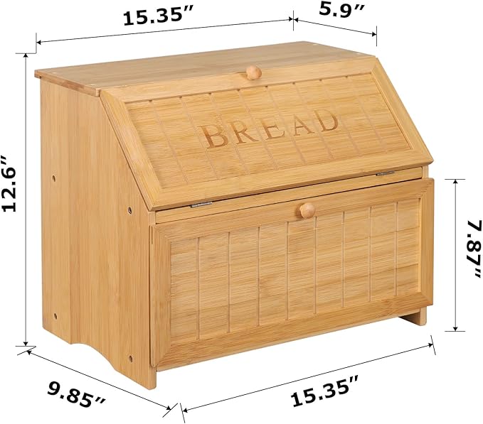 HOMEKOKO Vintage Double Layer Large Bread Box for Kitchen Counter, Retro Design Wooden Large Capacity Bread Storage Bin (Natural Bamboo)