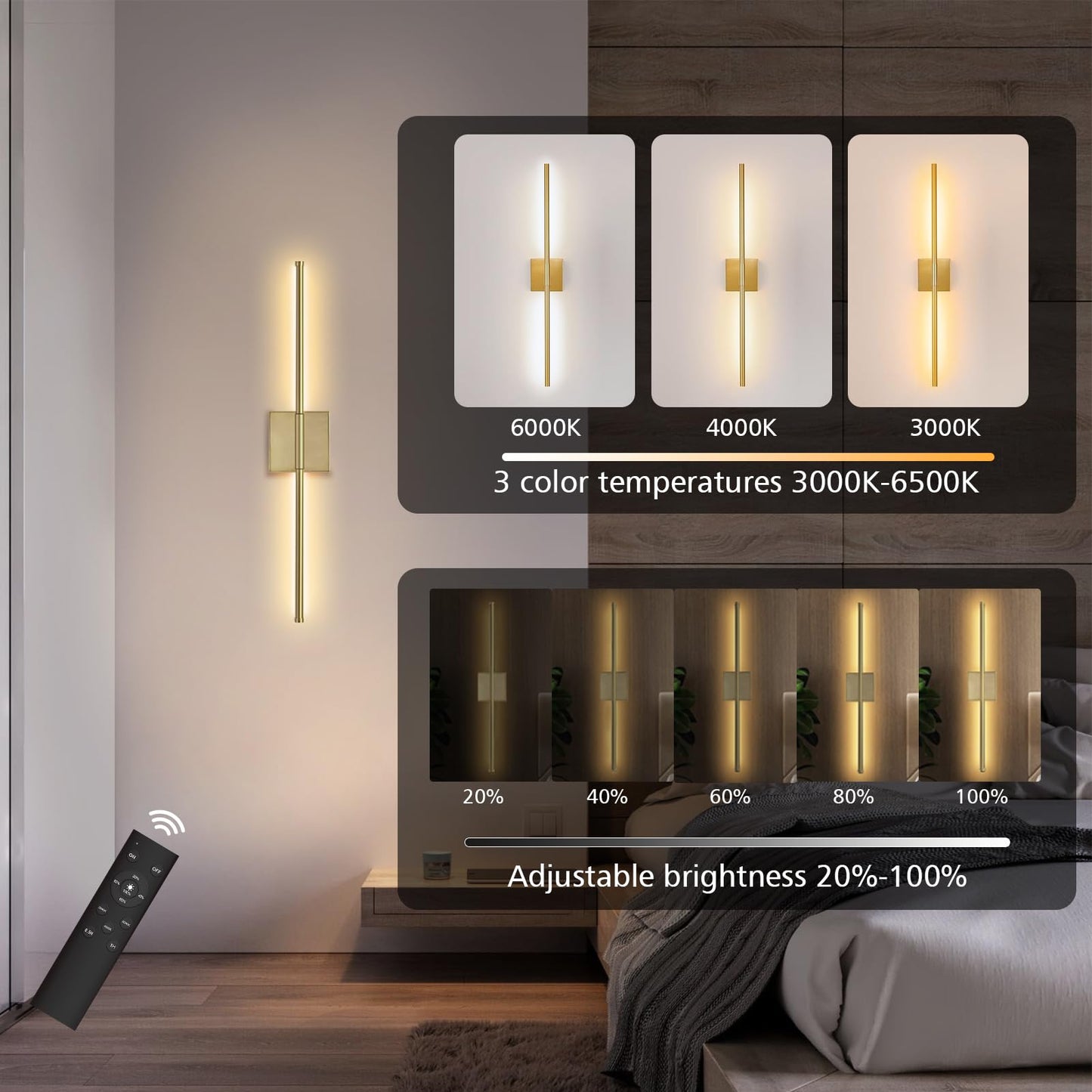 Danhh Wall Sconce, Dimmable 3000K-6000K, Rechargeable, 350° Rotate, 1 Pack, Metal, Gold, Model HCP042