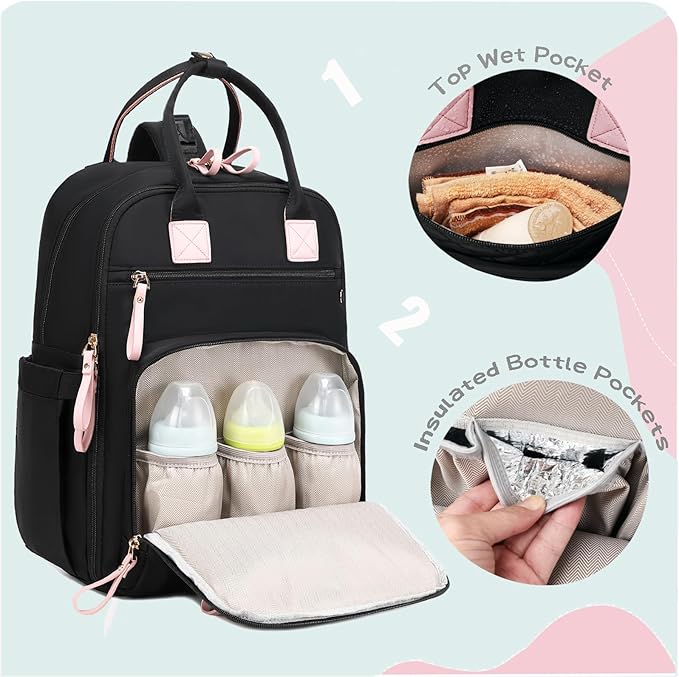 18 Pockets Large Diaper Bag Backpack with Waterproof Pockets and Stroller Buckle, Convertible Baby Bag (Black, Large)