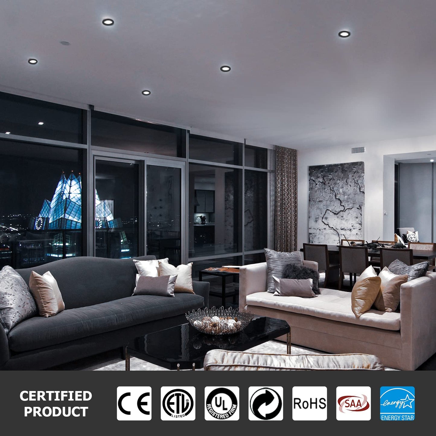 Powerasia 6 Inch Recessed Lighting - 6 Pack, Dimmable Led, 5Cct, Ultra Thin, Etl Certified, Black, 15W, Model 6