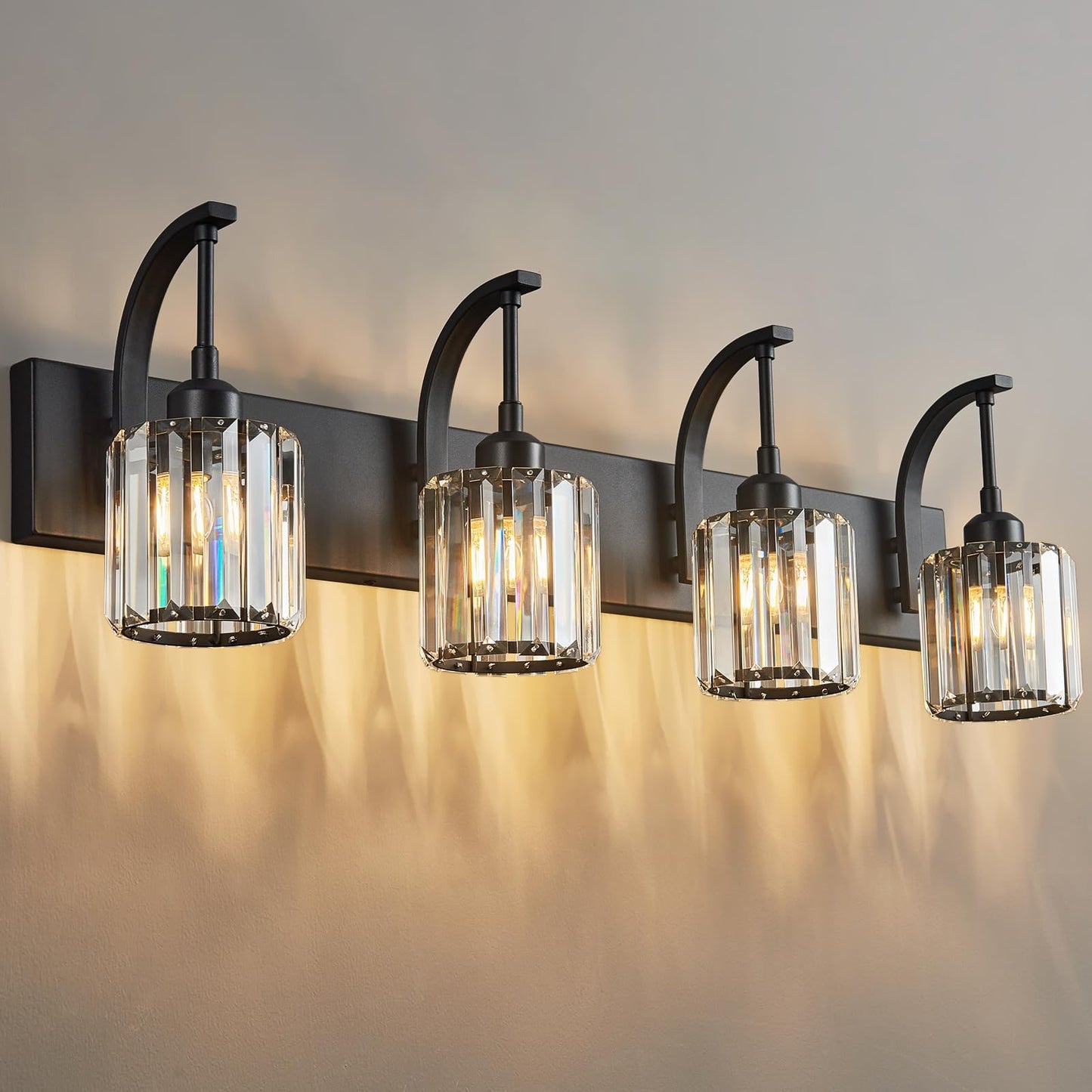 Fdpby 4-Light Crystal Vanity Light  Modern Black Bathroom Wall Sconce With K9 Crystal Shades  32.67 Long Over Mirror Lighting For Vanity  Makeup  Hallway  Elegant & Easy Install