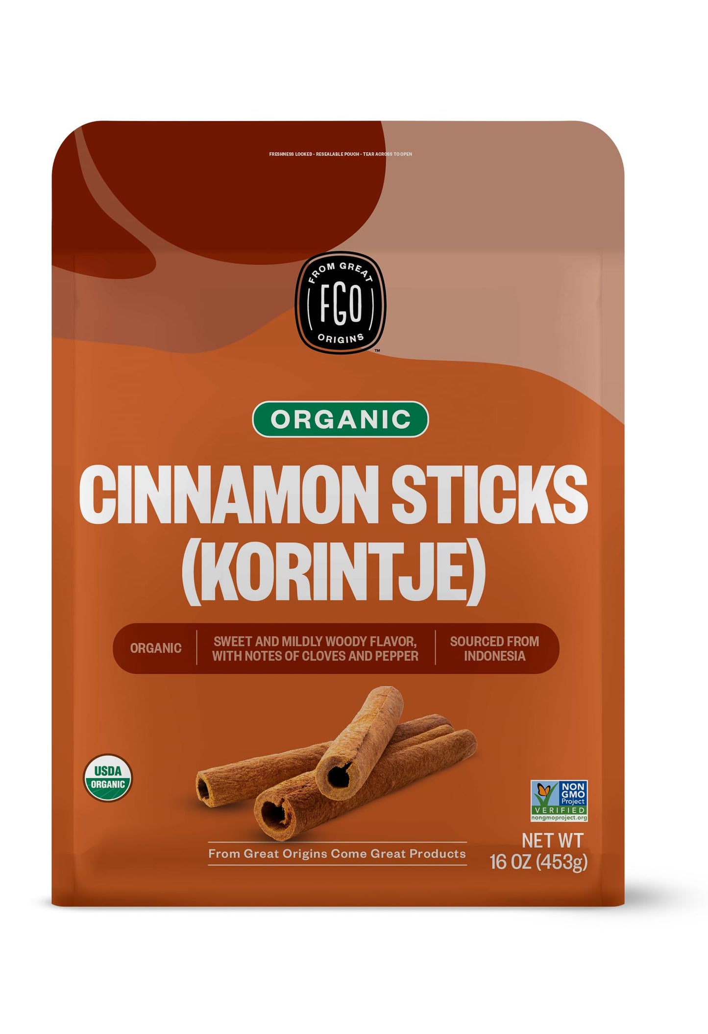 FGO Organic Korintje Cinnamon Sticks, from Indonesia, 100+ Sticks 2 3/4 Packaging May Vary (Pack of 1)