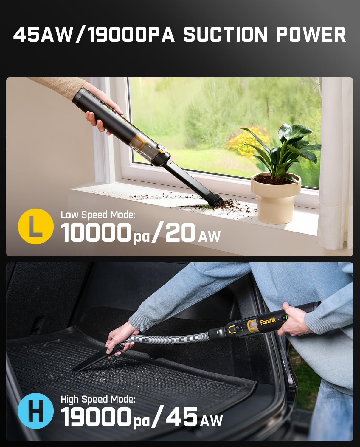 Fanttik Slim V10 Apex Cordless Car Vacuum, 4-In-1 Portable Mini Handheld Vacuum, 19000Pa Suction Power, Upgraded Smart Digital D