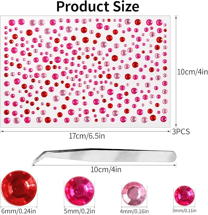 Face Gems Pearls for Makeup Rhinestone Stickers for Crafts Stick on Body Clear Crystal Tweezers Decals 3/4/5/6MM Hair Nails Craft DIY Gems for Nails Makeup Decor 975PCS (Red Pink)