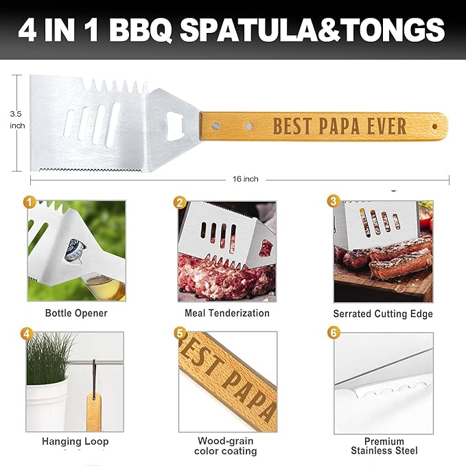 Papa Gifts from Grandkids, Papa Grilling Gift Heavy Duty Wooden BBQ Grilling Accessories Kit for Backyard, Thick Stainless Steel Grill Utensils with Non-Slip Handle Tools in Portable Bag on Christmas