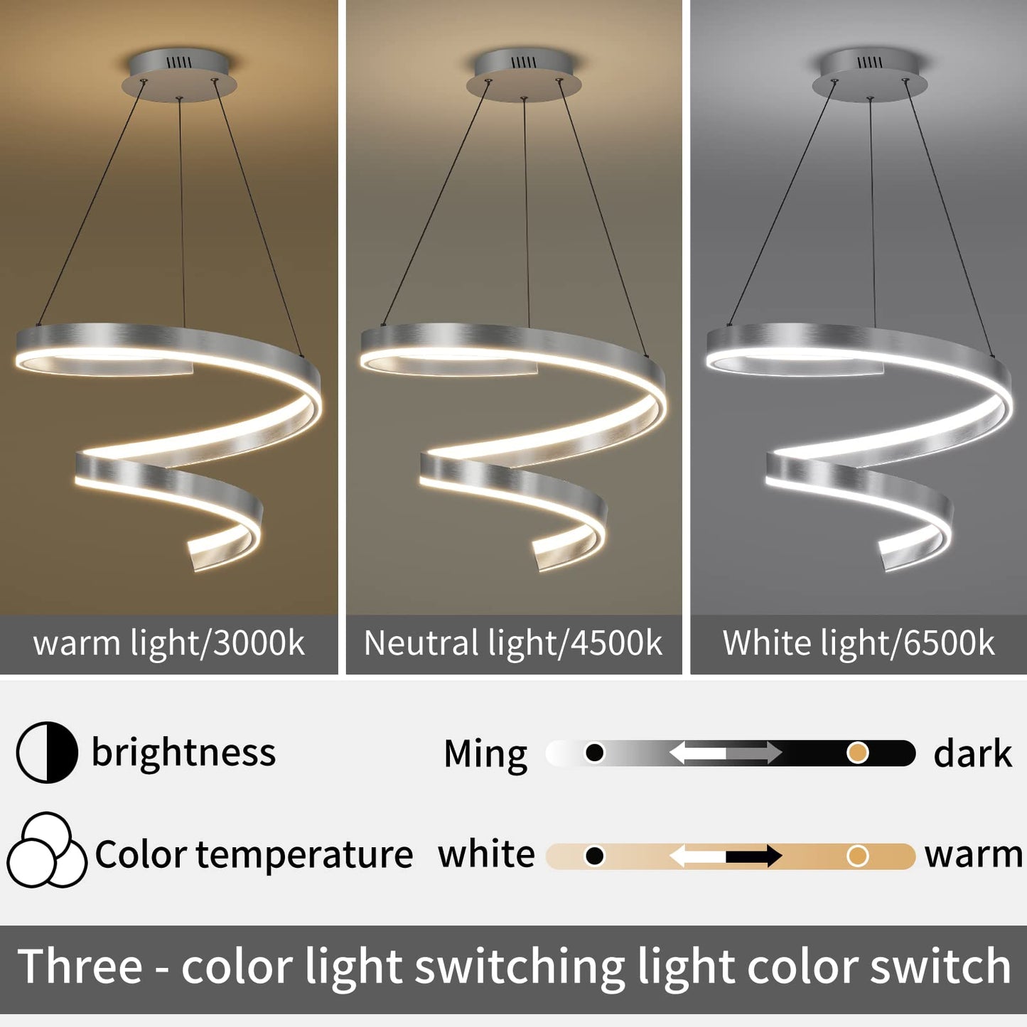 Mikeru Pendant Light with Remote Control, Dimmable 3000k-6500k, 19.6 Inch, D-Silver, Model 60