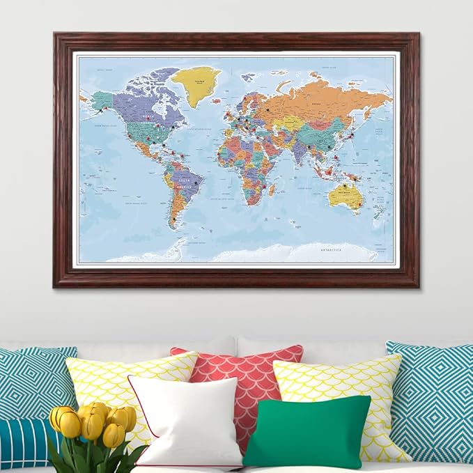 Push Pin Travel Maps - Blue Oceans World - Solid Wood Cherry Framed Pin Map for Tracking Your Travels - 27.5" x 39.5" - 8 Handcrafted Frame Options - Made in USA - Ideal for Any Traveler