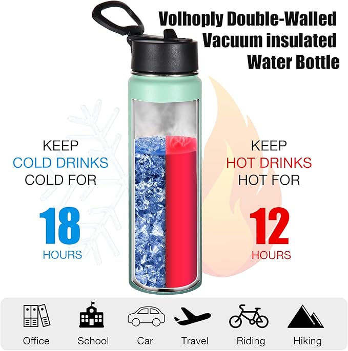 Volhoply 24oz Insulated Water Bottle With Straw Bulk 2 Pack,Metal Wide Mouth Water Bottles With Handle Lid Keep Cold,Reusable Double Wall Thermos,Powder Coated Sport Bottle For Holder(Mojito,2 Count)