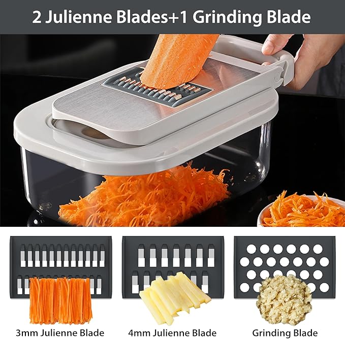 11-in-1 Vegetable Chopper for Kitchen, Food Chopper with Container, Mandoline Slicer Onion Dicer, Veggie Cutter for Fruit Salad Kitchen Gadgets Essential Tools (Grey)