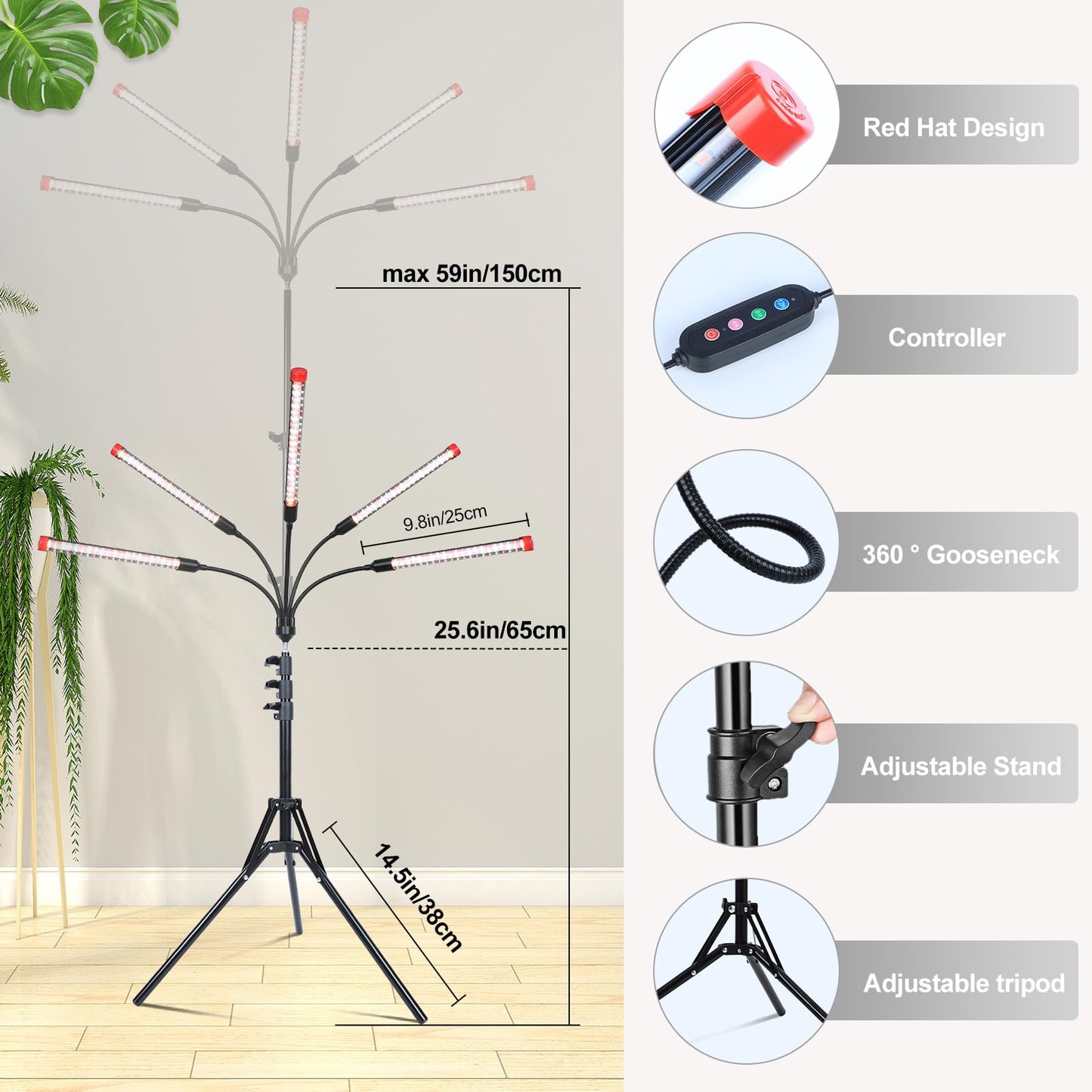 FECiDA 45W 5-Head Tripod Plant Light for Indoor Plants, Full Spectrum, Timer, Black, Model ZH_GL_RH
