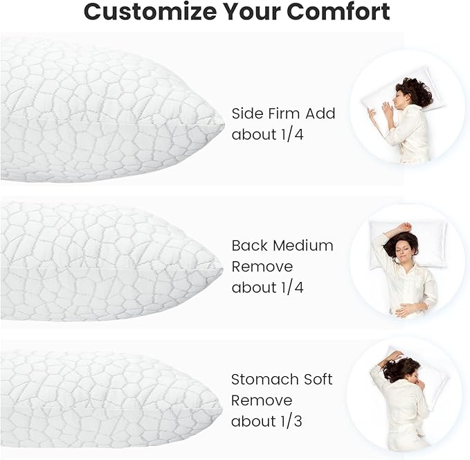 Shredded Memory Foam Pillows for Sleeping Cooling Pillows for Side Sleeper Support Adjustable Bed Pillow with 2 Extra Fill Standard Pillow