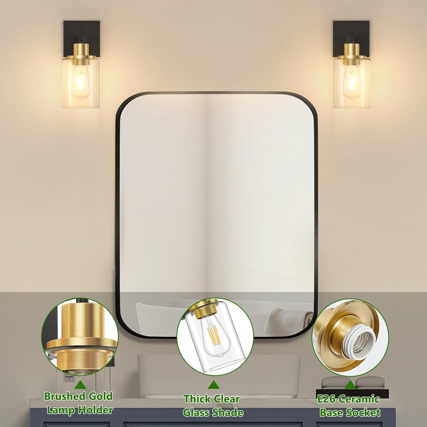 Licperron Wall Sconces Set Of 2, Black & Gold Matte Fixtures With Clear Glass Shade, Model Bg-Glass-Sconce, For Bathroom & Living Room