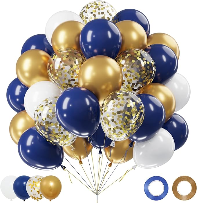 Netnology Navy Blue Gold Balloons Set, 60Pcs 12 Inch Navy Blue White Metallic Gold and Gold Confetti Latex Balloon for Bir...