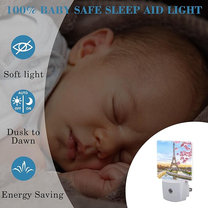 Plug in Night Lights Eiffel Tower in Spring Nightlight Plug Into Wall Dusk to Dawn Sensor LED Night Light for Kid Girls Boys Women Men Room Decor, Hallway, Kitchen, Bathroom, Nursery, Stairs