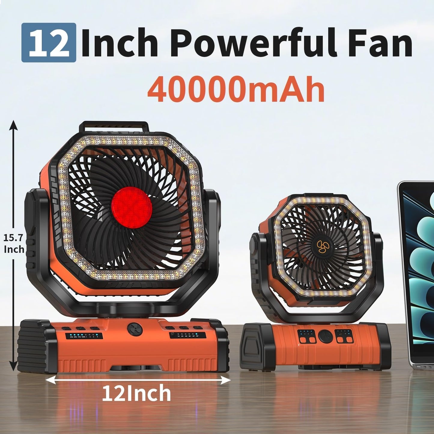 Eeifo 12 Inch Portable Camping Fan, 40000Mah Rechargeable Battery Powered Fan With 4 Speeds Wind And Led Light 140H, Cool & Warm