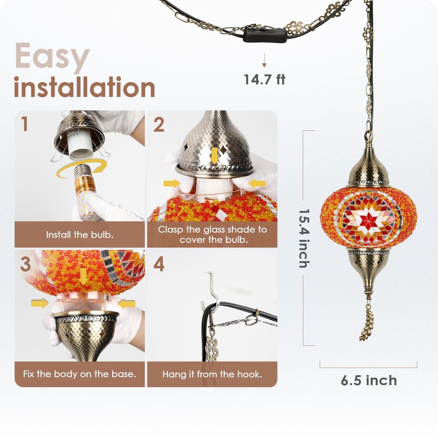 Yarra-Decor Turkish Moroccan Pendant Light - Tiffany Style Mosaic Ceiling Lamp For Bedroom, Living Room - 15-Foot Cord, Red1, Model Ptr-1A-Red1