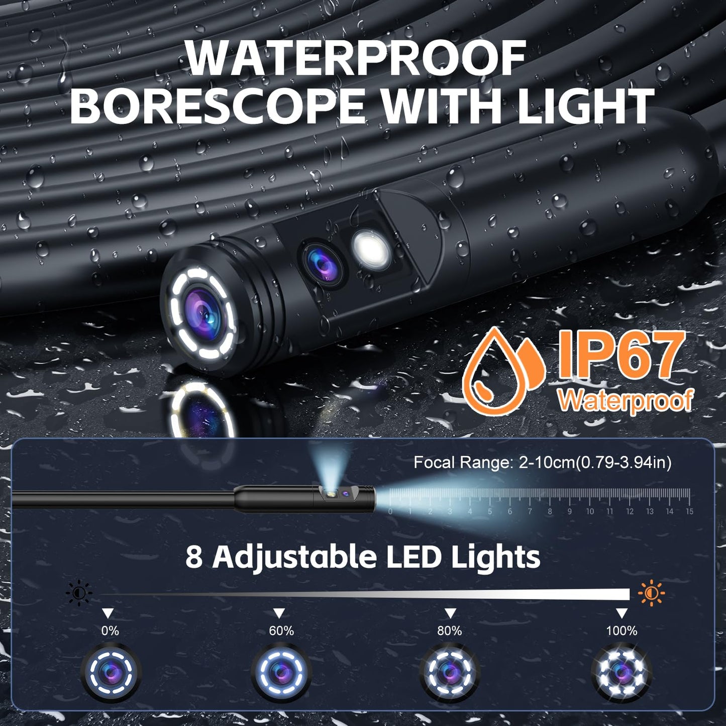 VXGDOE Dual Lens Endoscope Camera with Light, 1920P HD Borescope Camera with 4.3" LCD, 8 Adjustable LEDs, 16.4FT Semi-Rigid Cable & 32GB Card-IP67 Waterproof Inspection Borescope for Sewer/Drain/Pipe