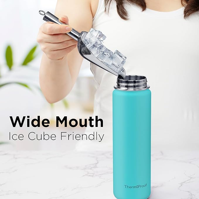 ThermoProof Hot & Cold Insulated Stainless Steel Water Bottle, Durable Leak Proof Gym Bottles for Men, Women & Kids, Double Walled Vacuum Bottles - 2 Lids (Mint, 22oz)