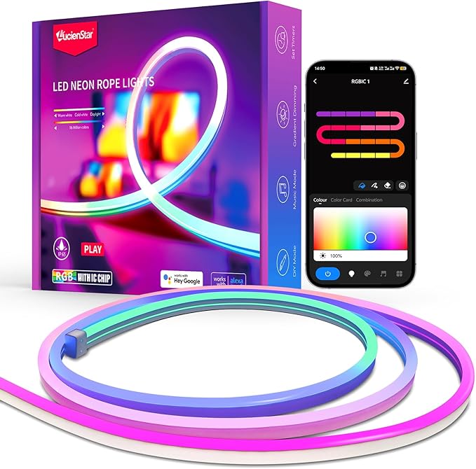 Lucienstar Neon Rope Lights, Smart RGB+IC Neon Light Strip, Voice Control via Alexa, Google Assistant, Flexible Custom DIY...
