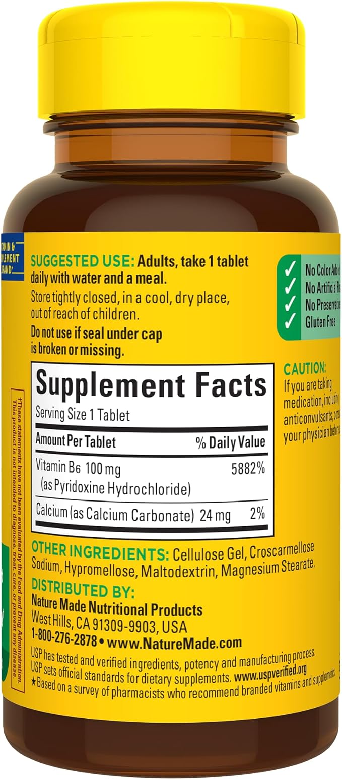 Nature Made Vitamin B6 100 mg, B6 Vitamins for Energy Metabolism Support, 100 Tablets, 100 Day Supply