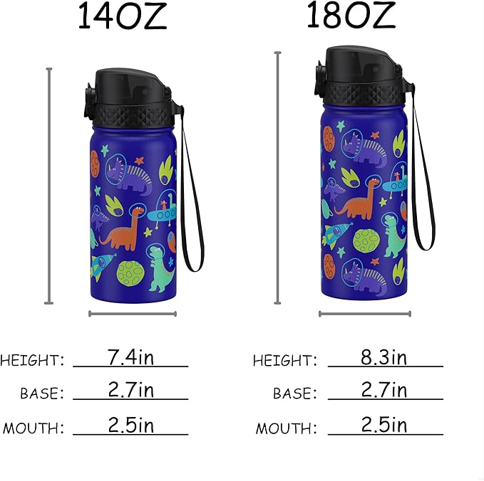 GOPPUS Kids Water Bottle (Straw Lid) - 14 Oz Stainless Steel Travel Bottle, Double Wall Vacuum Leak Proof Kids Cup for School Boys Girls,Blue Space dinosaur