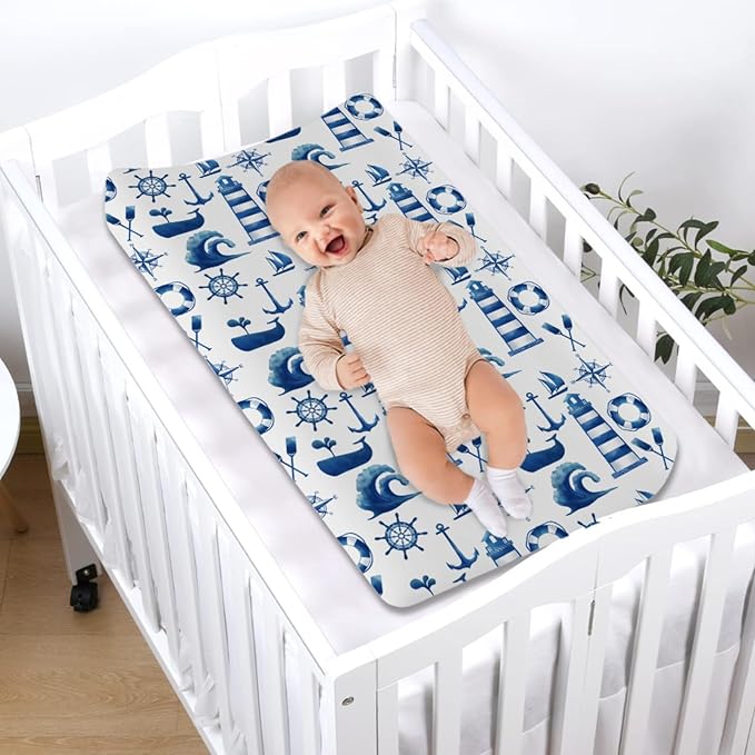 Nautical Life Changing Pad Cover Navy White Lighthouse Compass Anchor Whale Wave Diaper Change Table Cover for Baby Boys Girls Soft Stretch Changing Table Mats Sheets 32''x16''
