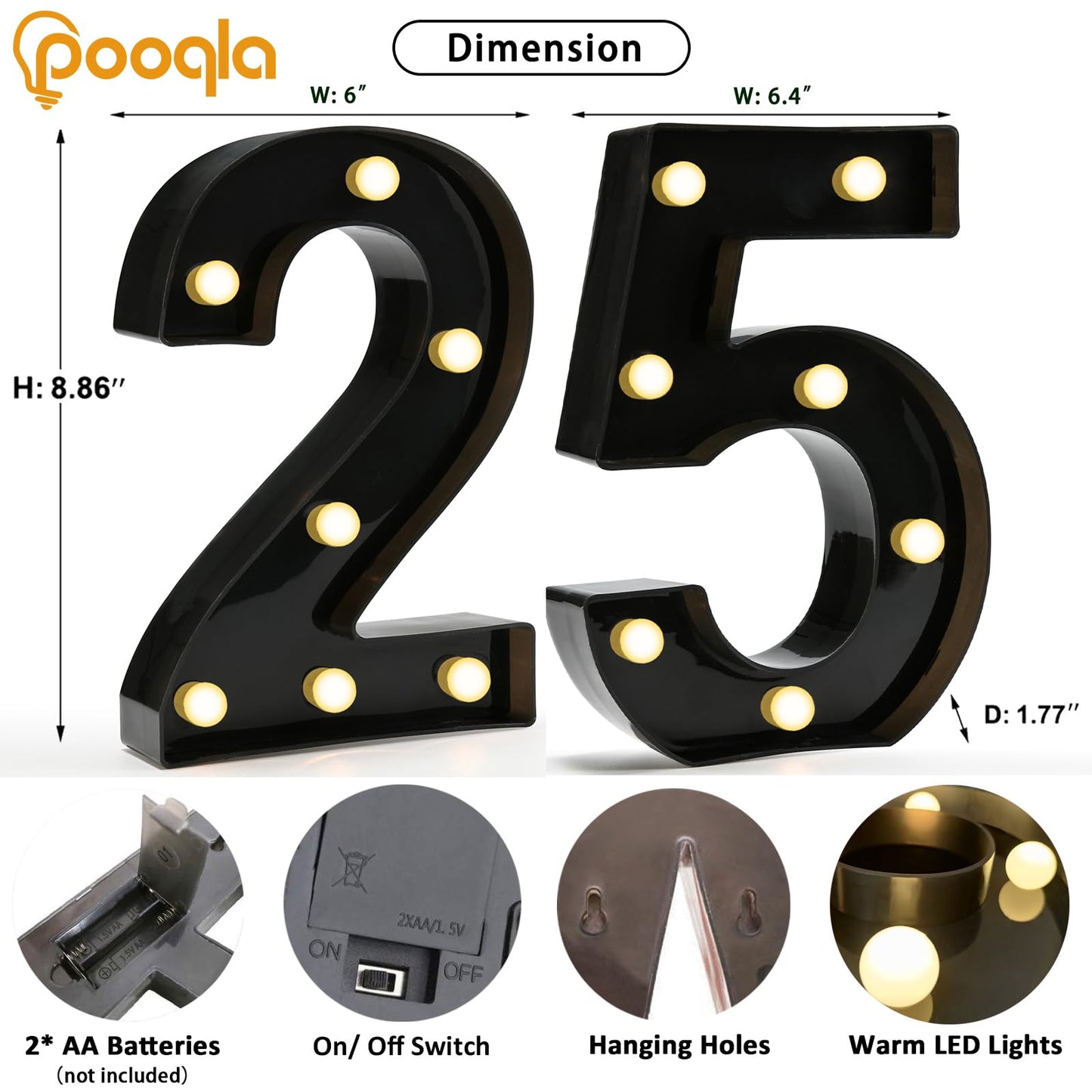 Pooqla Light Up Number 25 Birthday Decorations, Black Plastic Table Decor for 25th Anniversary, Size: Number 25