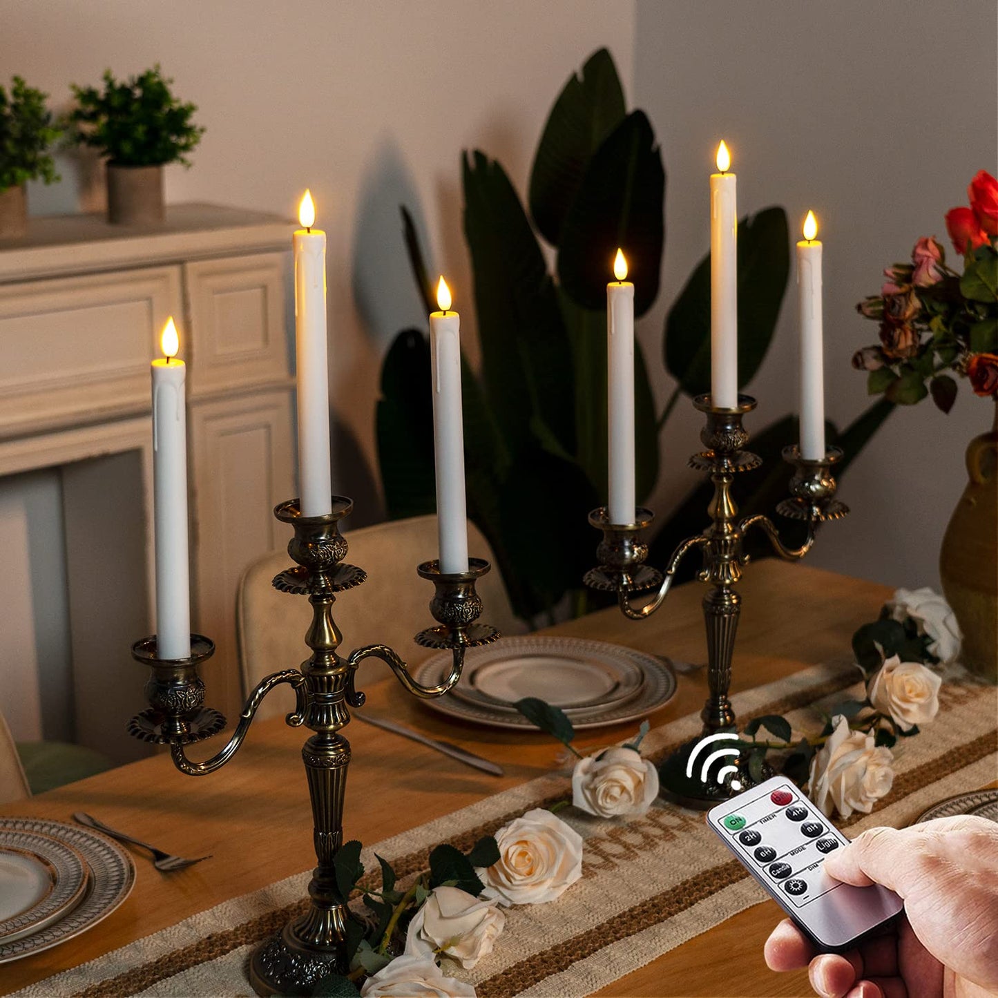 Homemory 24 Pcs Plastic Flameless Taper Candles with Remote Timer Dimmer, White Taper Candles Battery Operated with Flickering Flame Light Lifelike Led Candlesticks for Indoor Decoration 9.6 Inches
