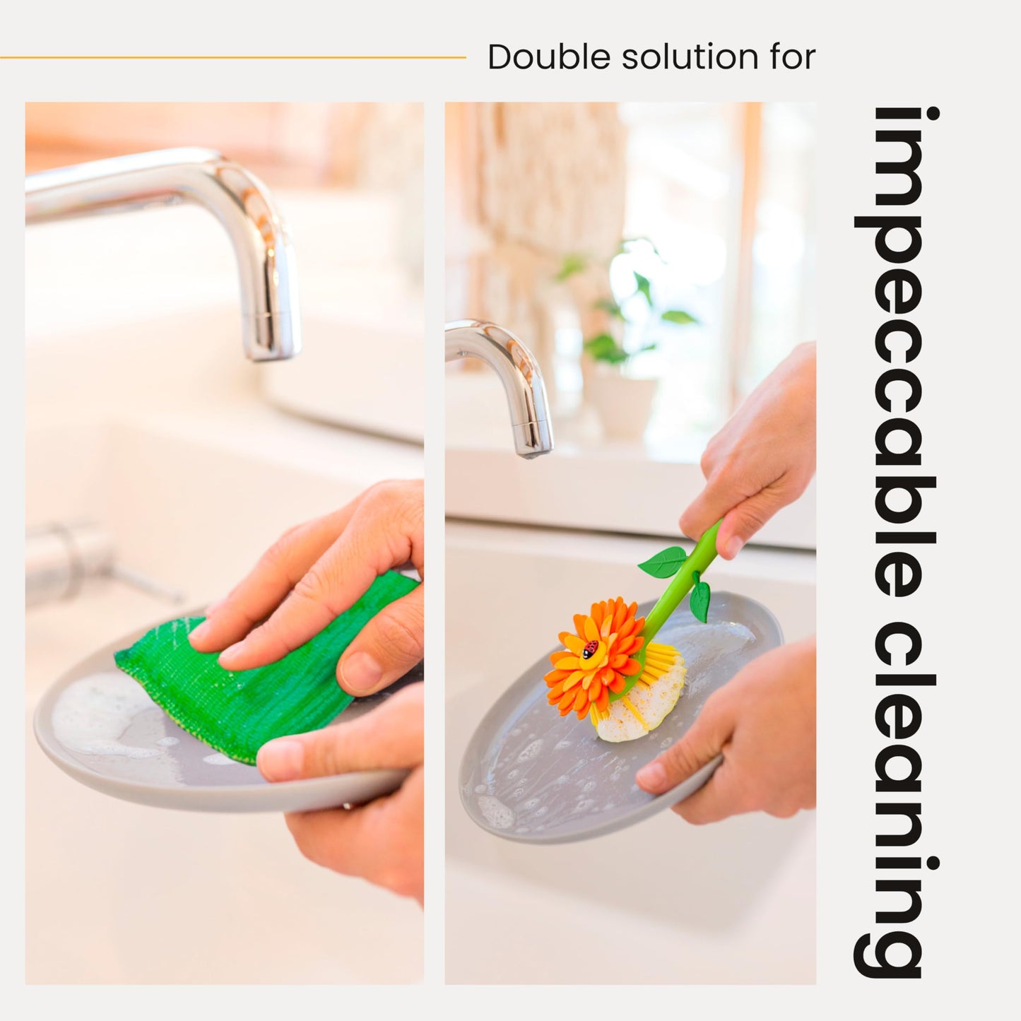 Vigar Flower Power 3-in-1 Kitchen Sink Caddy Set, Flower-Shaped Dish Brush, Sponge, Fence-shaped Holder and Suction Cup, Ideal Sink Organizer, Orange