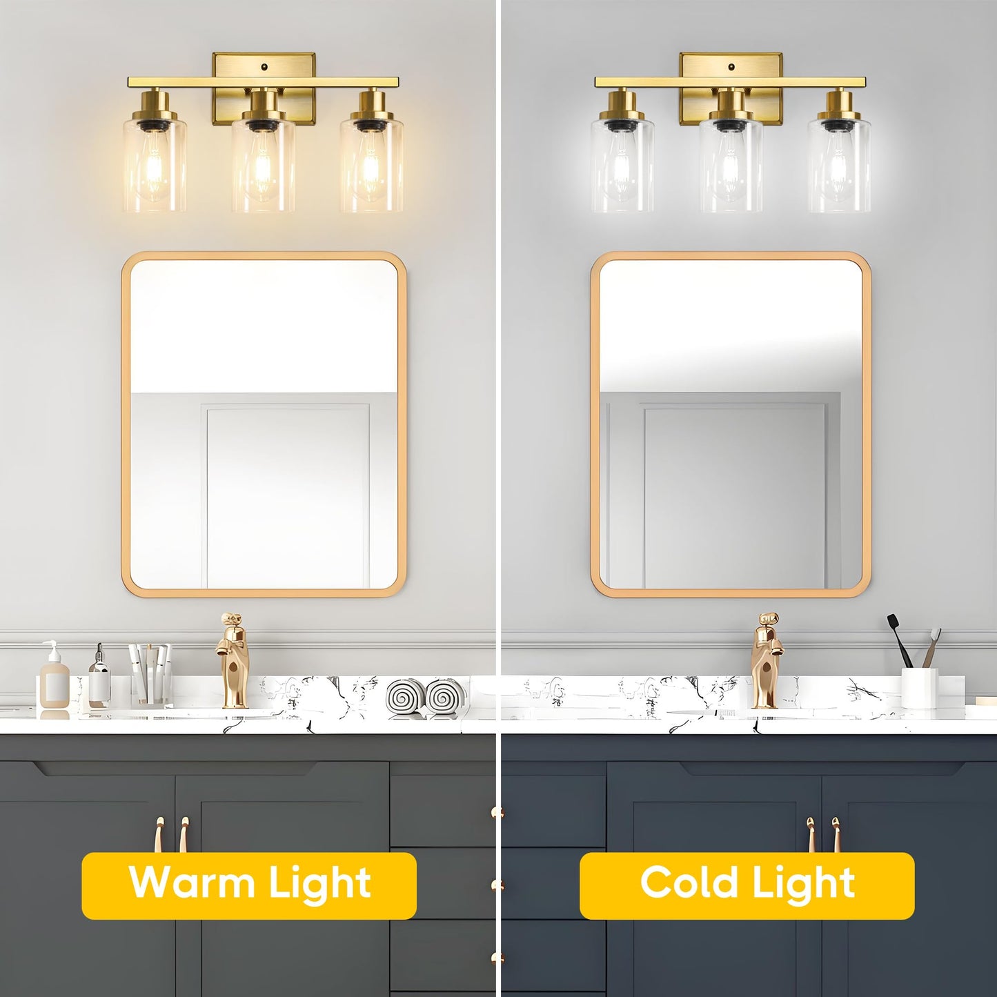 Ascher Bathroom Vanity Light Fixtures  3 Light Wall Sconces Lighting With Clear Glass Shade  Gold Wall Lights For Mirror  Kitchen  Living Room  Gallery  E26 Base (Bulbs Not Included)