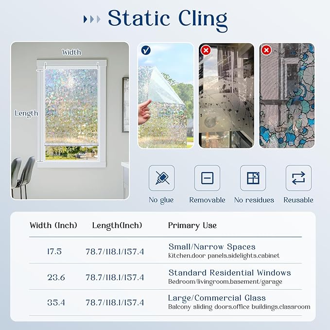 Haton Window Privacy Film Rainbow Film Stained Glass Window Clings, 3D Decorative UV Sun Blocking Sticker, Removable Static Cling Heat Control Tint for Home Door, 23.6" x 78.7" Non-Adhesive