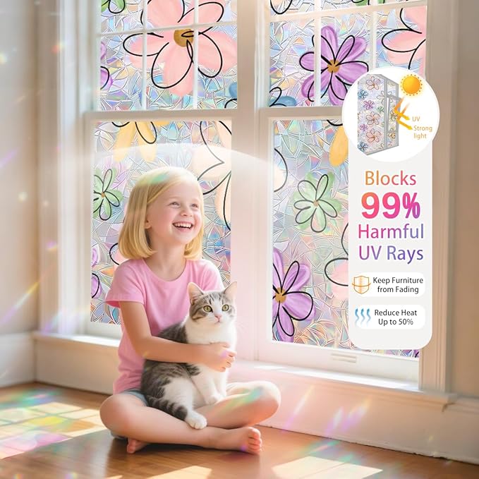 Daisy Flower Stained Glass Window Film Static Cling with Tools - 35.4 x 78.7 Inch Non-Adhesive Privacy Decorative Cute Rainbow Film for Windows, Doors, Sidelights - Easy Install & Remove