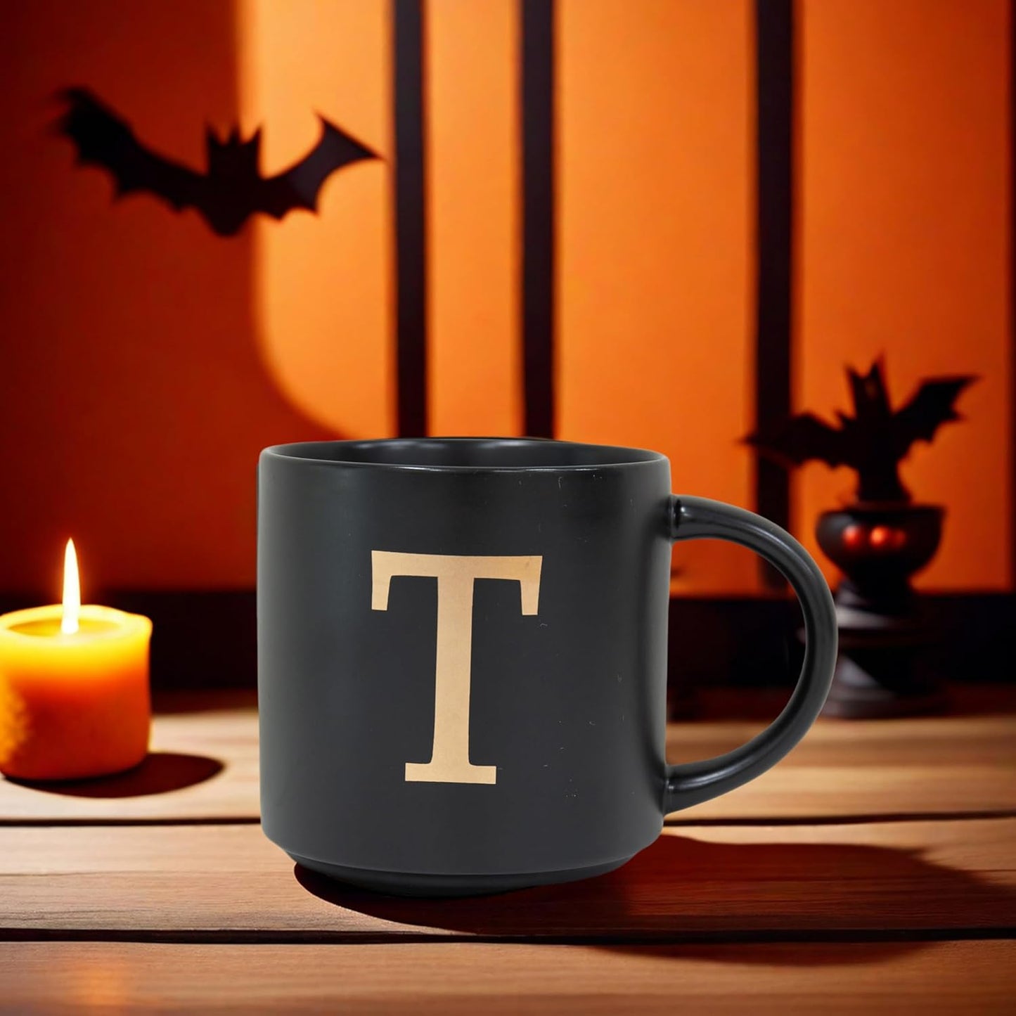 COLLECTIVE HOME - Monogram Ceramic Mugs, 15 oz Golden Initial Black Coffee Cups, Elegant Alphabet Tea Mugs, Elegant Personalized Mug with Gift Box, Unique Mug with Double Side Capital Lette (T)