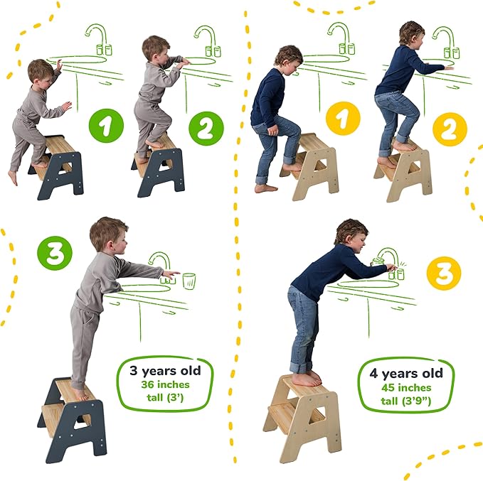 OCODILE 2-Step Wooden Step Stool for Toddlers | Kids Stool for Bathroom Sink & Kitchen Use | Non-Slip Step | Wooden Stool for Children Ages 2+ Years Gray